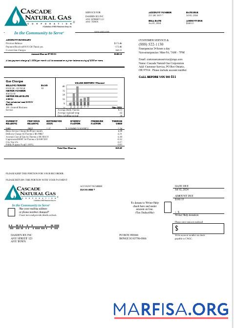 Printable USA Cascade Natural Gas business utility bill, Word and PDF template